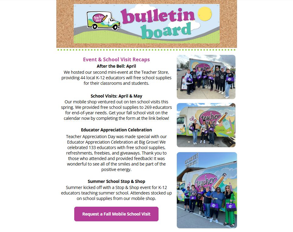 Image of the top portion of the Teacher Store quarterly newsletter.