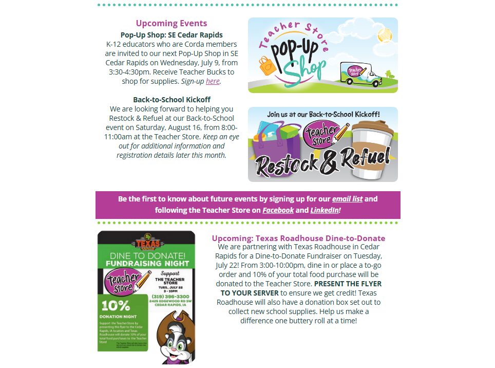 Image of the middle portion of the Teacher Store quarterly newsletter.