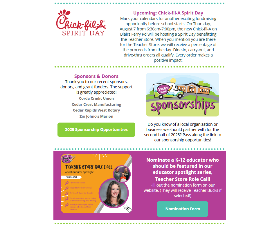 Image of the bottom portion of the Teacher Store quarterly newsletter.