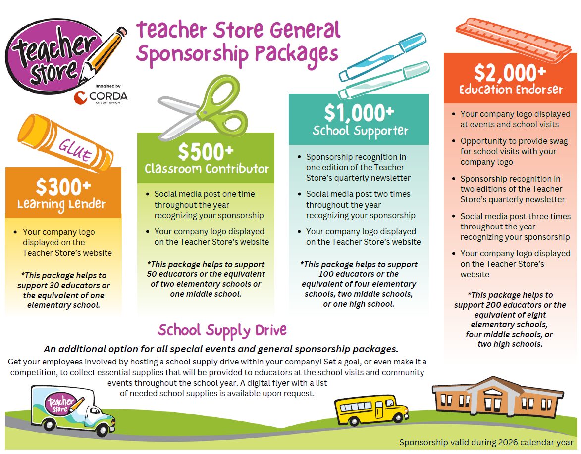 2026 General Sponsorship Packages Teacher Store graphic describing the sponsorship packages.