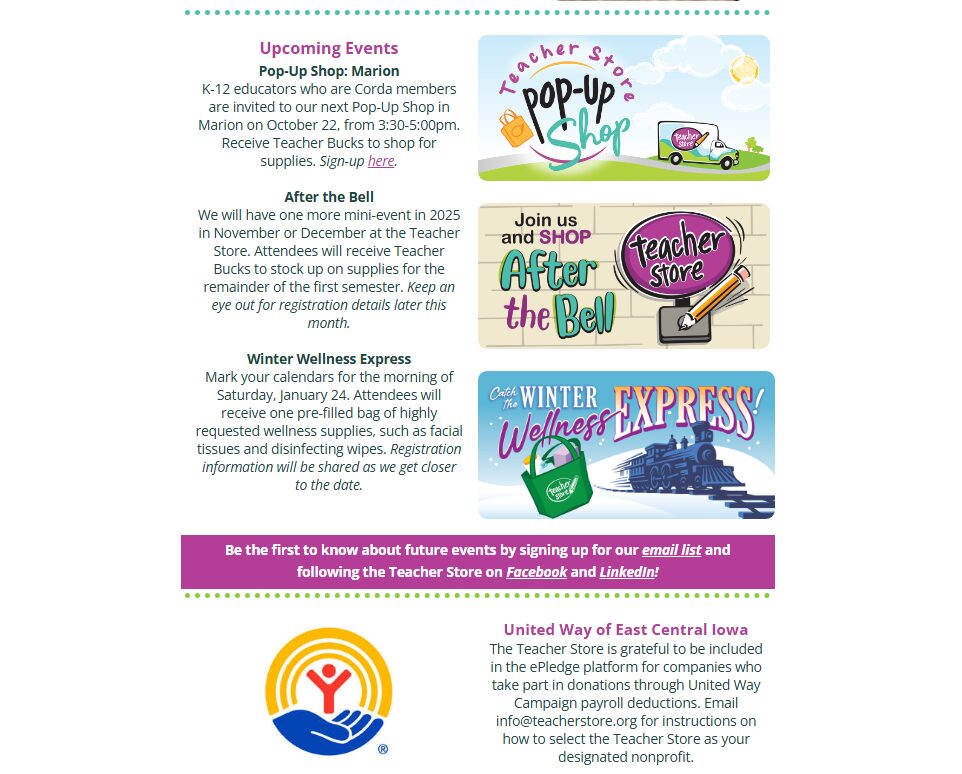 Image of the middle portion of the Teacher Store quarterly newsletter.