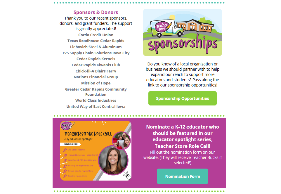 Image of the bottom portion of the Teacher Store quarterly newsletter.