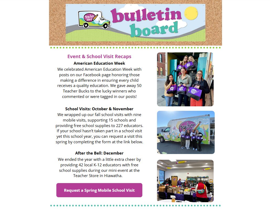 Image of the top portion of the Teacher Store quarterly newsletter.