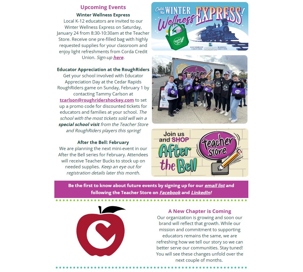 Image of the middle portion of the Teacher Store quarterly newsletter.