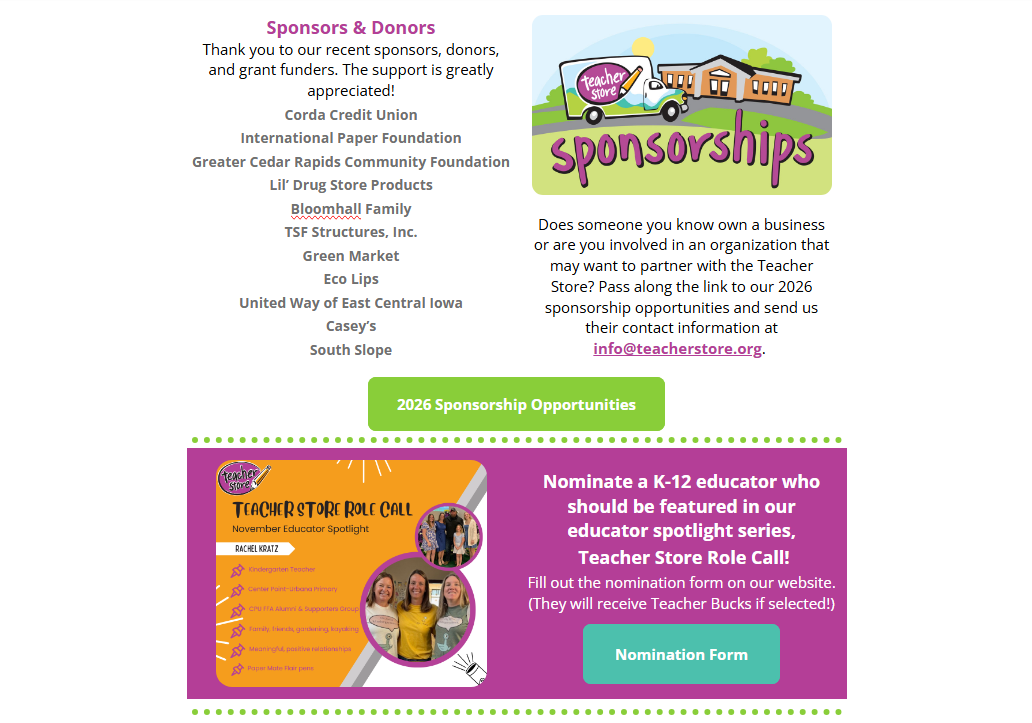 Image of the bottom portion of the Teacher Store quarterly newsletter.